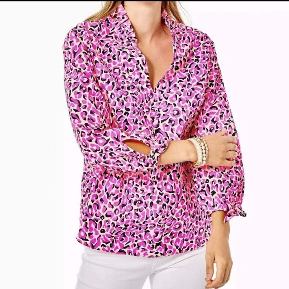 Lilly Pulitzer Pink Black Leopard Print Ruffle Long Sleeve Blouse